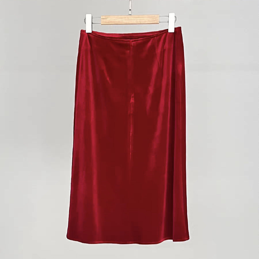 Red velvet skirt high waist A-word short skirt medium and long skirt 25 Winter, new New Year's red solid color commuting elastic waist