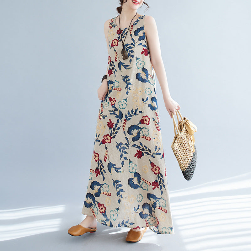 Real shot 2023 summer new literary loose cotton and linen printing round neck sleeveless dress women's medium and long #8607