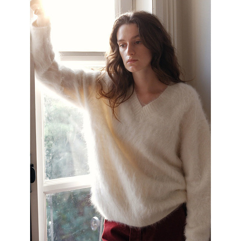 [IN JOMI] Streamlined wardrobe, alpaca wool V-neck pullover knitted sweater women's new winter top