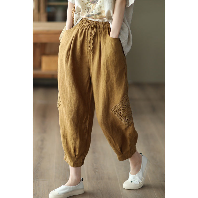 2025 summer new literary loose solid color cotton and linen elastic waist Harlan pants women's nine-point pants #1319