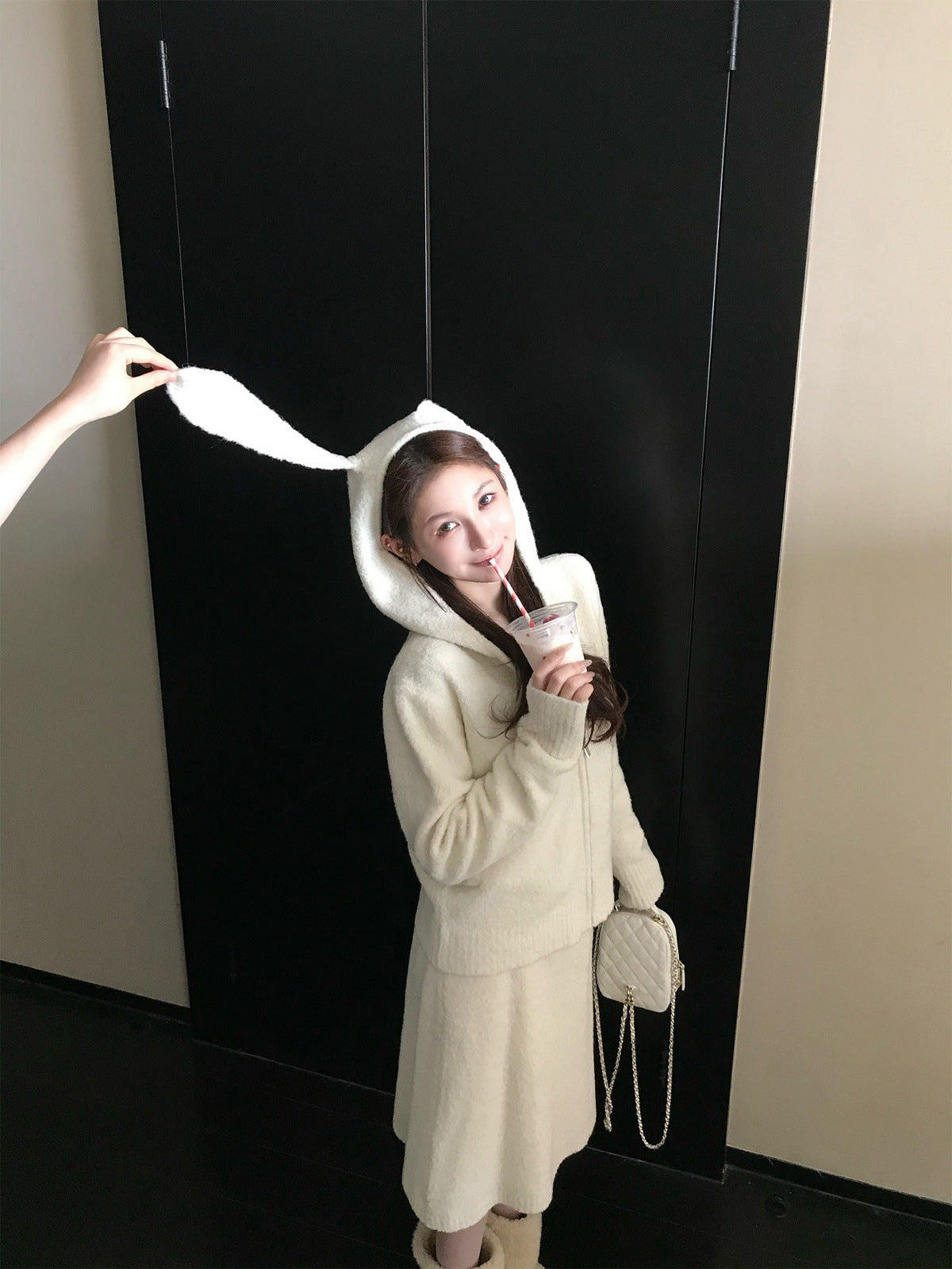 Ruth's same'sea salt neifang 'heavy wool loop yarn rabbit ears hooded sweater jacket/knitted skirt