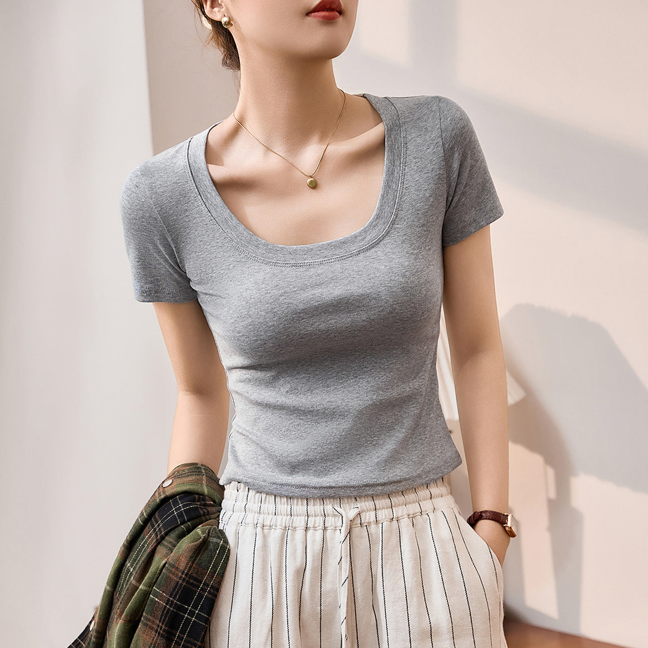 #Combed pure cotton #High waist short T-shirt women's summer 2026 new slim and thin versatile top short-sleeved bottoming shirt