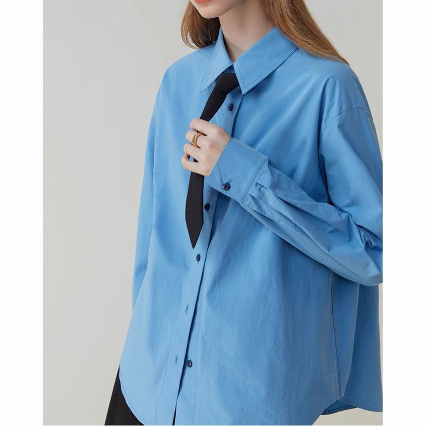 Fanslan Blue Temperament Cotton Long Sleeve Shirt Women's Spring and Autumn French Loose Casual Commuter Top 11190