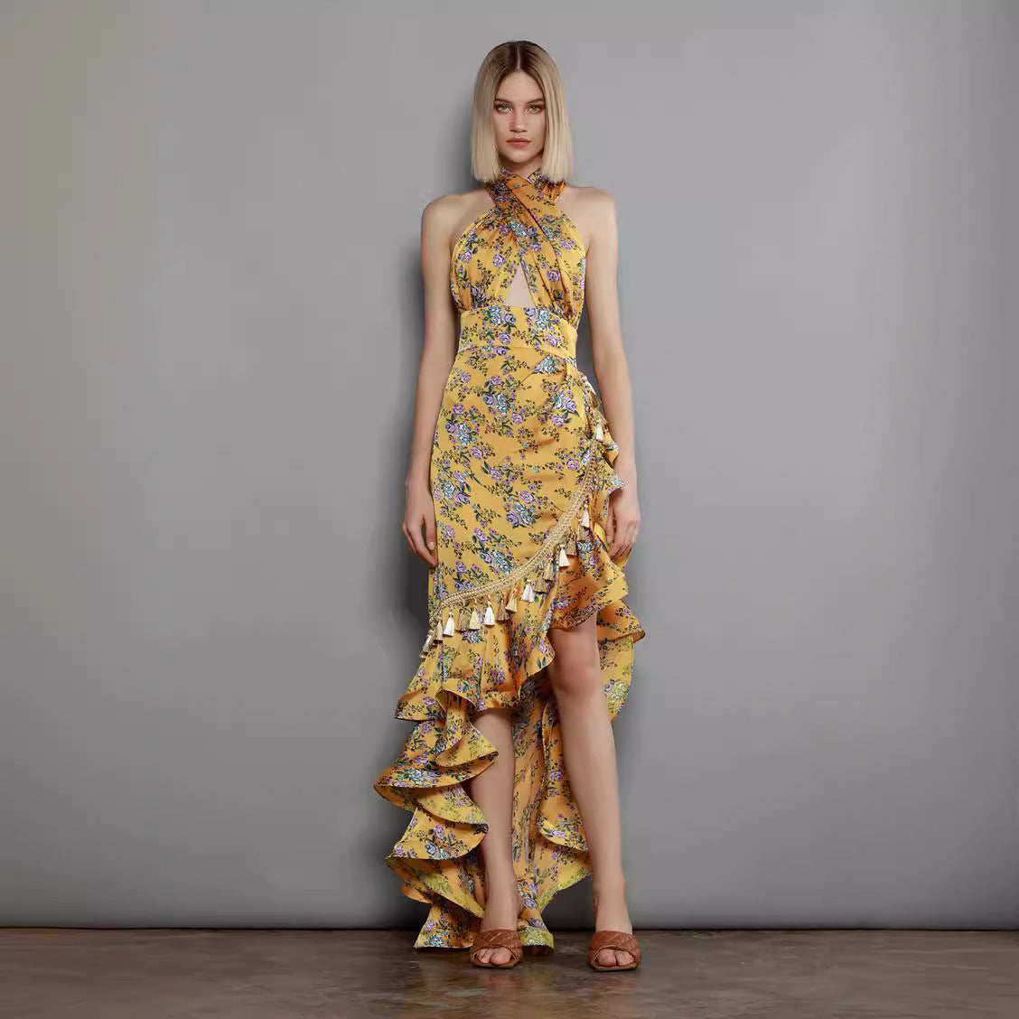 Cross-border banquet dress printed neck halter floral skirt women's hem irregular ruffle edge long elegant temperament