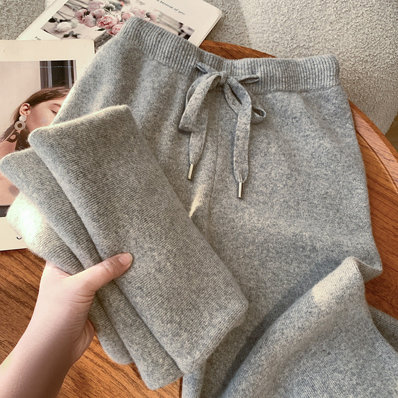 Thickened soft waxy texture 100% wool knitted wide-leg pants women's autumn and winter wear straight cashmere casual drape trousers