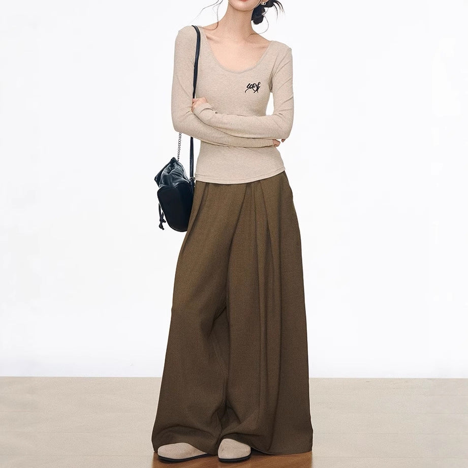 WESTAYONE medium and long sweater cardigan women's Korean lazy + V-neck bottoming shirt + wide-leg pants