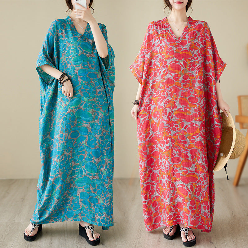 Real shot 2023 summer thin cotton and linen v-neck large size loose literary beach dress retro long robe