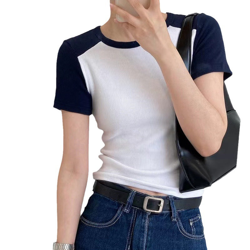 Excellent cotton splicing short-sleeved T-shirt women's summer foreign style design sense 2026 new slim-fitting and thin versatile bottoming shirt top