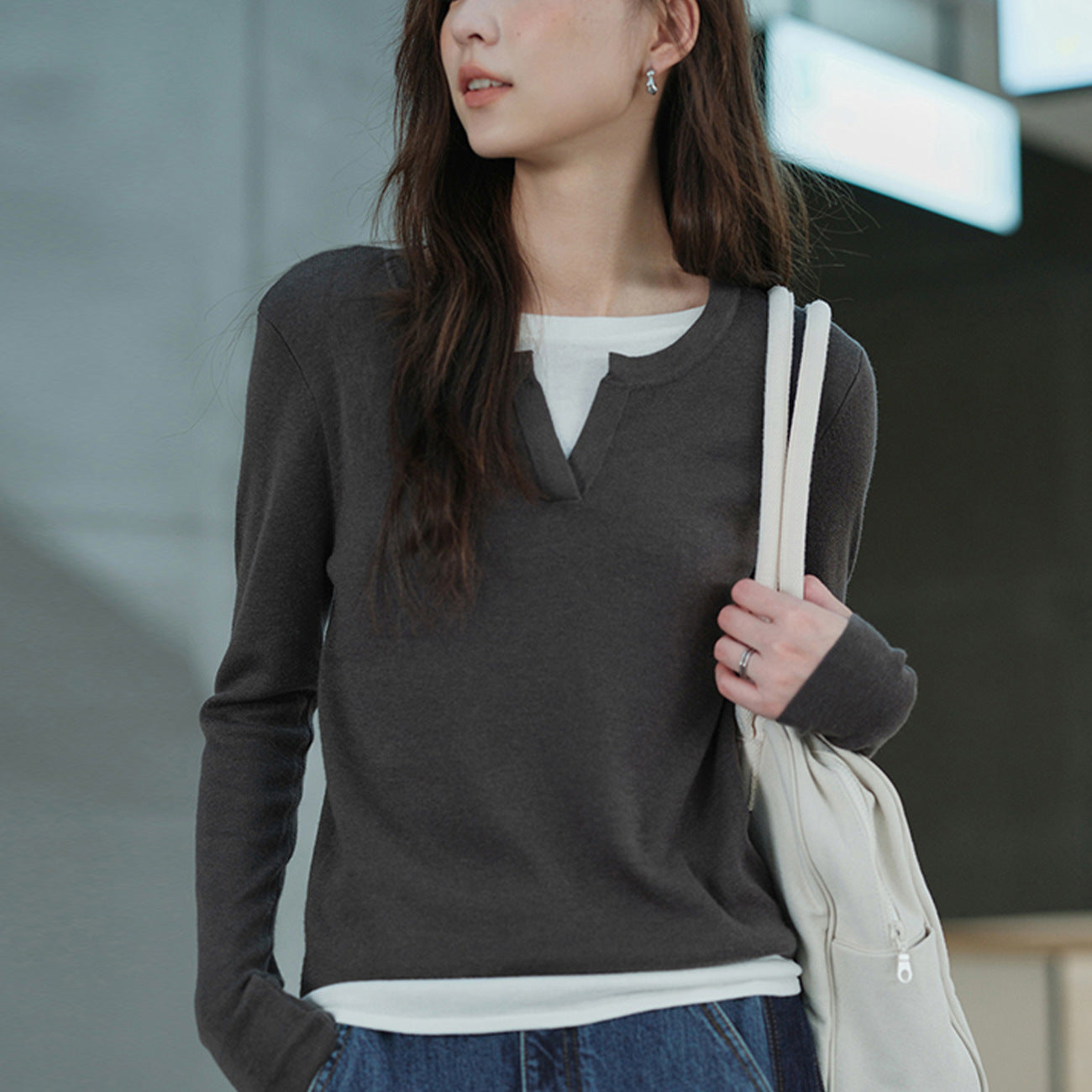 #Blended light modal cotton skin-friendly and soft #color matching fake two-piece T-shirt women's 2026 autumn and winter long-sleeved bottoming shirt