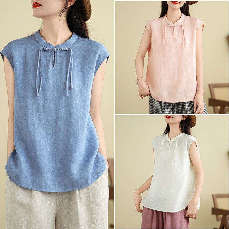 Real shot 2025 summer new literary loose solid color stand-up collar buckle pullover short-sleeved T-shirt women's top #759