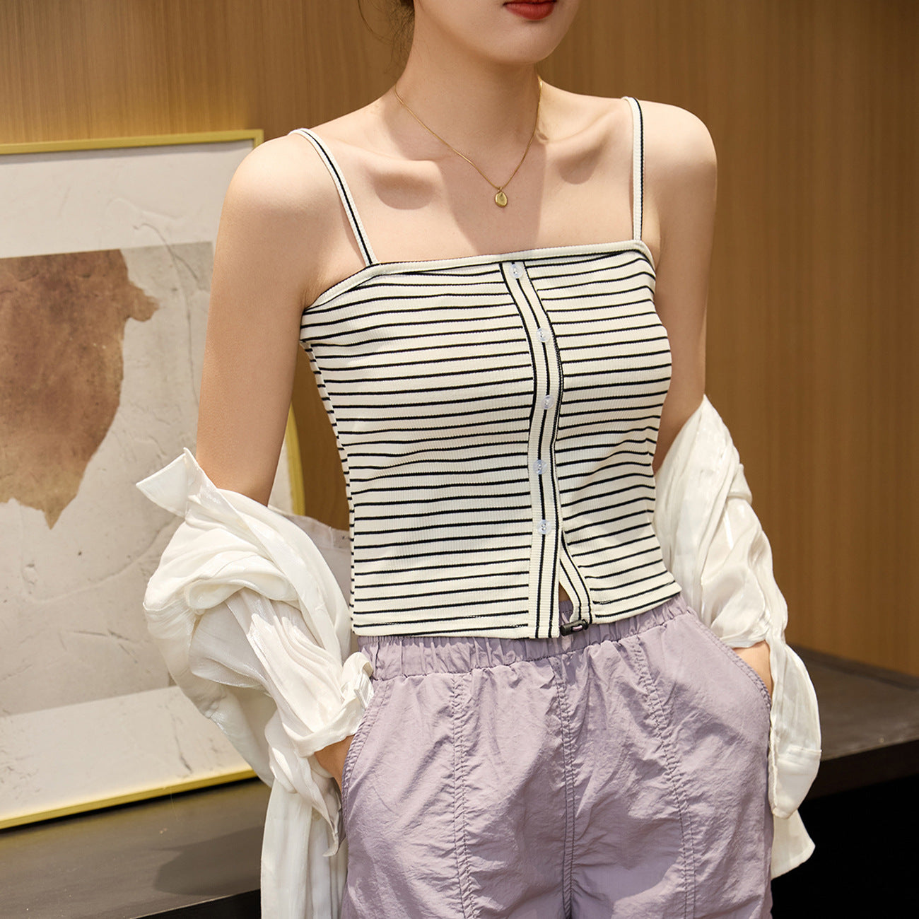 #Combed pure cotton #Design sense striped sling vest women's summer 2026 new Spice Girl off-the-shoulder bottom top