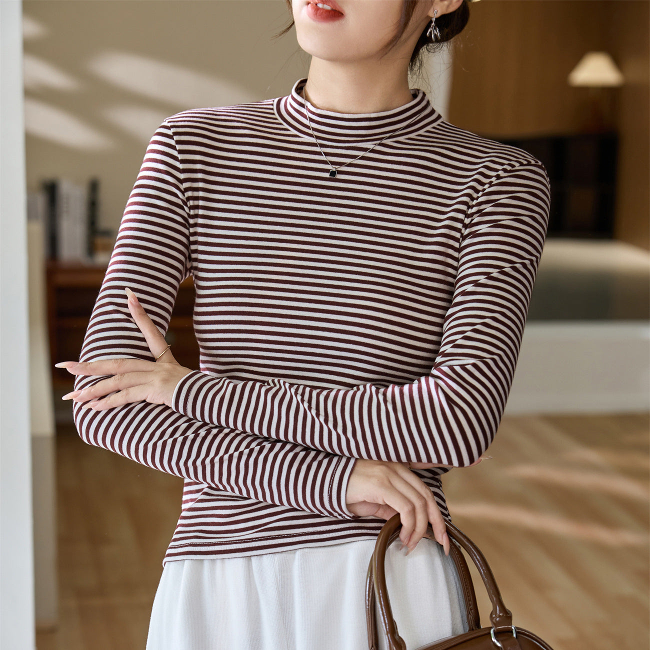 #Selection of good goods #Pure cotton T-shirt women's long-sleeved foreign-style striped bottoming shirt 2026 autumn and winter new semi-turtleneck top