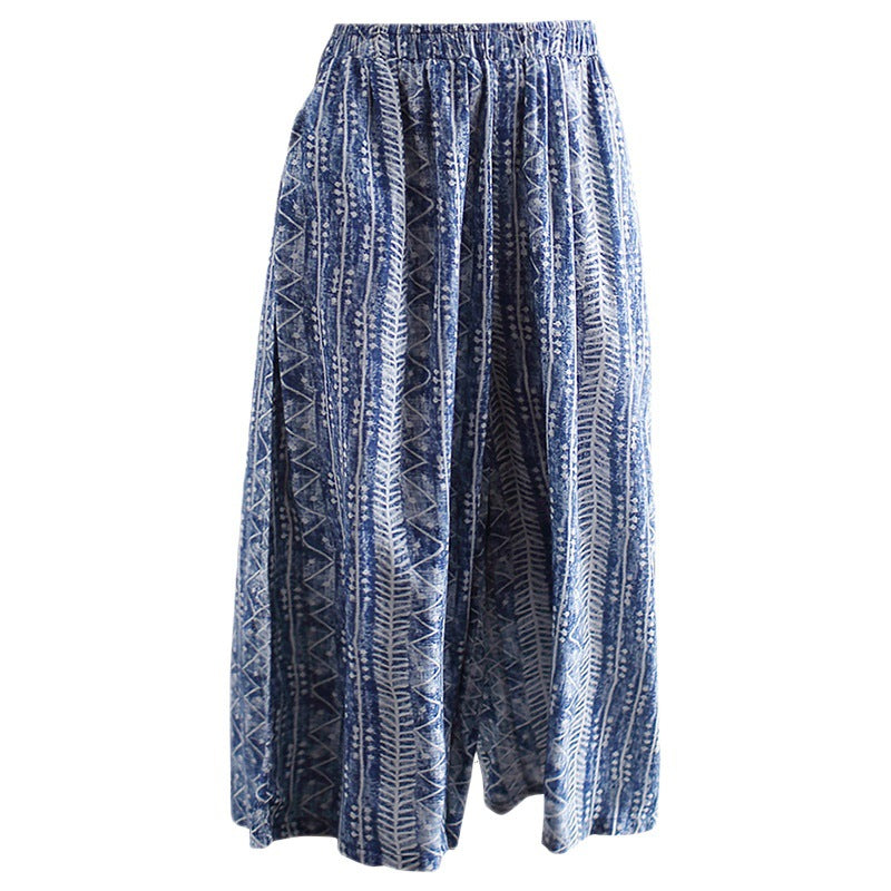 2024 summer thin literary cotton and linen wide-leg floral ethnic style loose batik elastic waist culottes straight-leg pants women