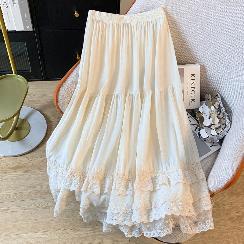 Real shot 2025 spring new retro mesh lace splicing medium and long skirt women's inner petticoat bottom dress