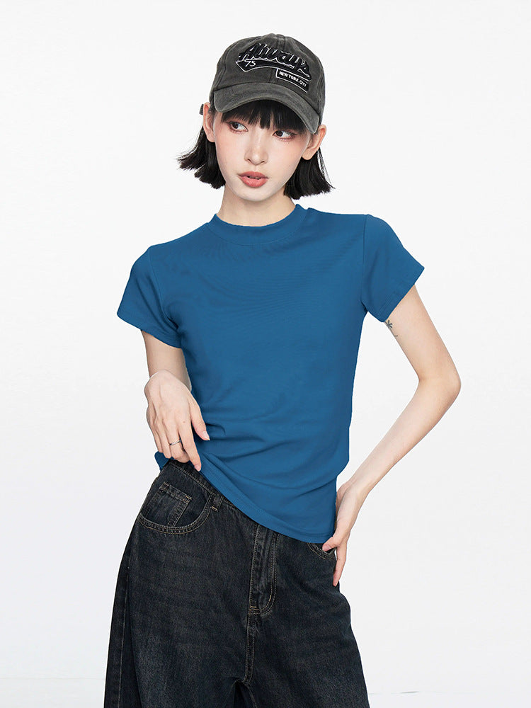 Summer new front shoulder basic short-sleeved t-shirt women's small slim and thin short solid-color top trendy