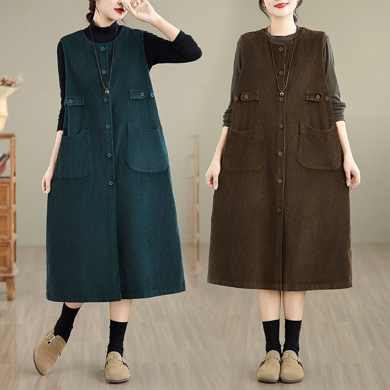 Retro solid color corduroy sleeveless dress women's autumn 2025 new medium and long cardigan vest skirt