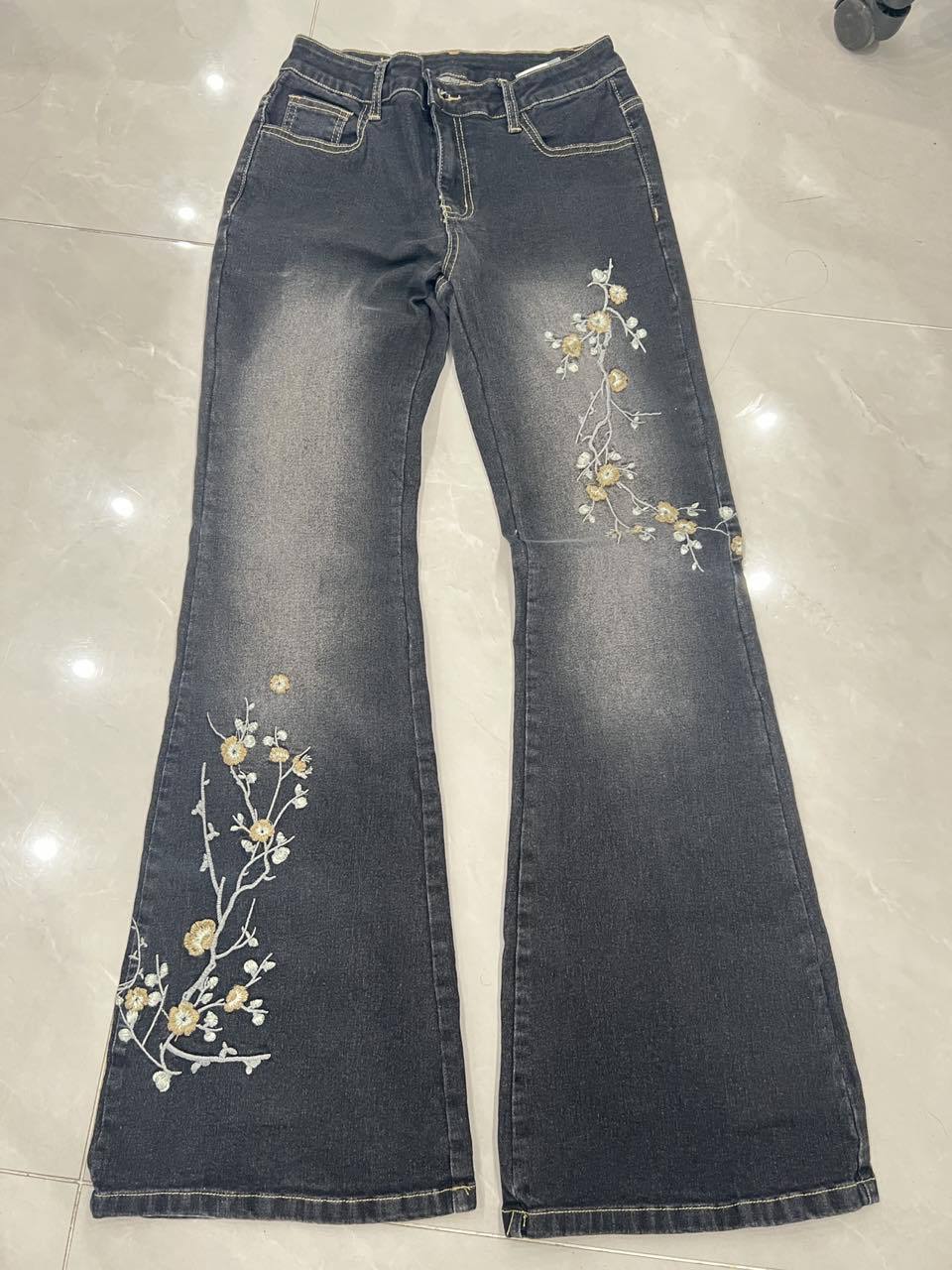 American street western denim style plant flower embroidery low waist micro pull pants Spice girl washed as old casual trousers