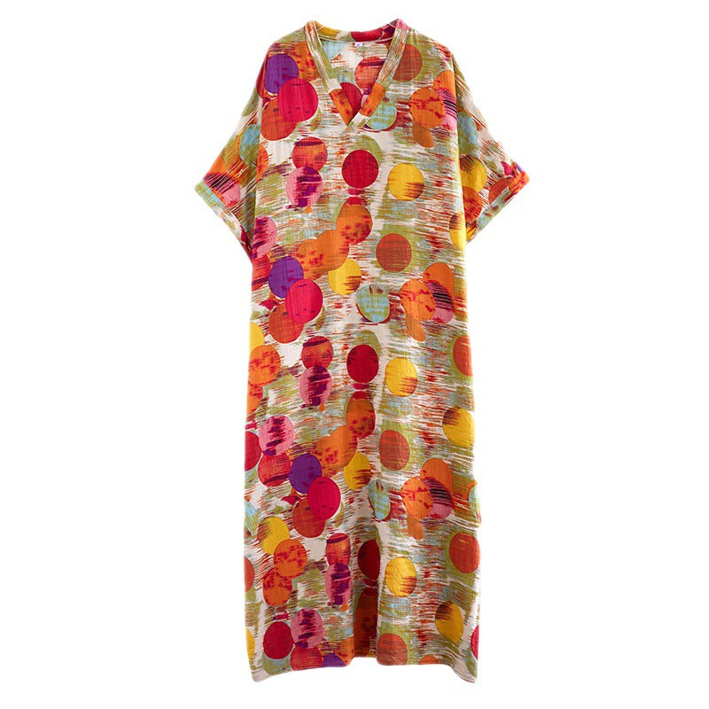 Real shot 2025 summer thin V-neck cotton and linen large size loose literary holiday wind beach dress long women