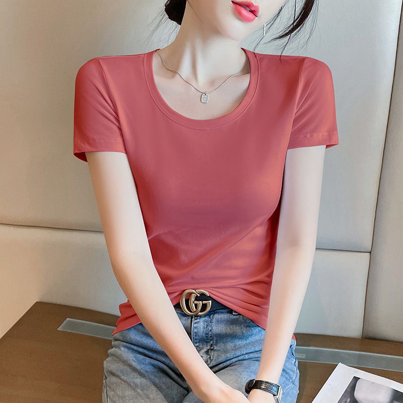Light pink short-sleeved t-shirt women's pure cotton unique and beautiful early summer waist high-end summer slim-fit shoulder top