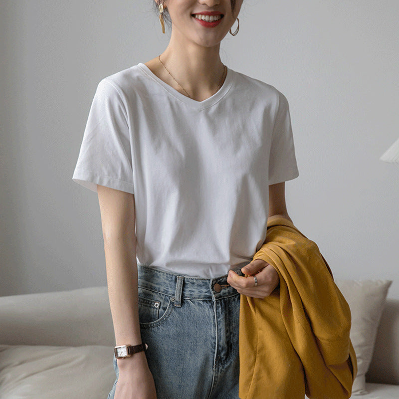 230G combed cotton V-neck short-sleeved T-shirt women's loose versatile and thin Korean version 2026 summer new bottoming shirt top