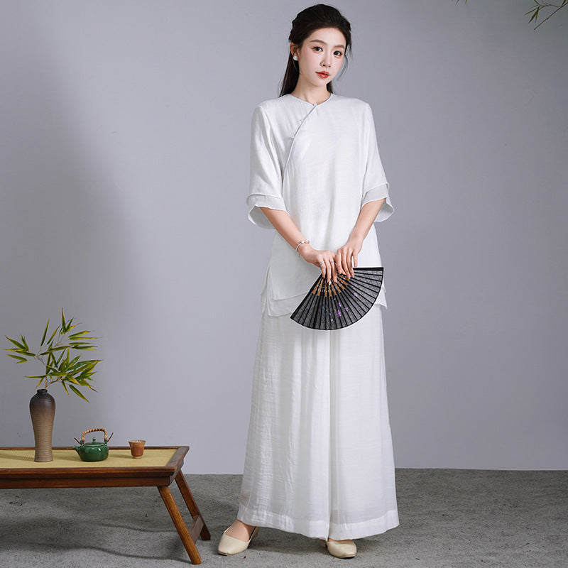 2025 Women's Yoga Clothing Set Ethnic Style Improved Chinese Top Women's Zen Clothing Cotton and Linen Chinese Style Class Clothing Tea