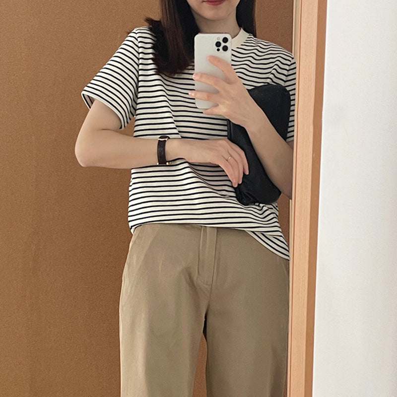 Selection of pure cotton black and white striped short-sleeved t-shirt women's summer 2026 new Korean version of round neck loose and thin versatile top
