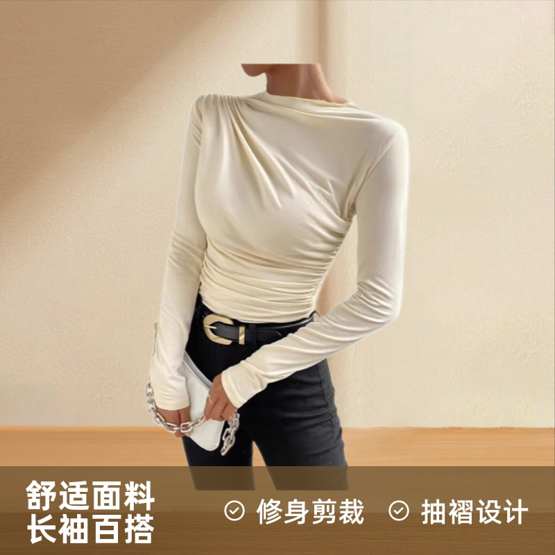 2025 Amazon Europe and the United States cross-border Spice Girls new design sense pleated versatile long-sleeved T-shirt slim women's solid color