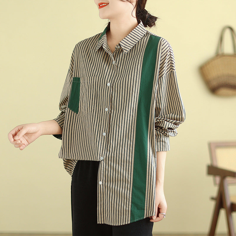 Real shot 2025 autumn new literary loose splicing contrasting color striped long-sleeved shirt women's casual shirt top