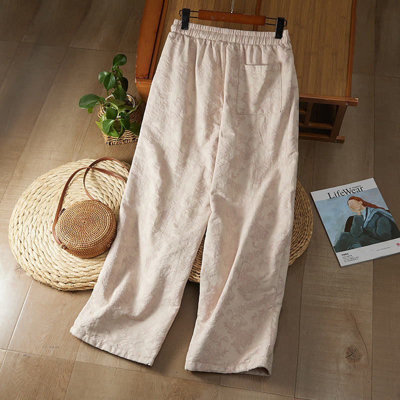 Real shot new Chinese jacquard 2025 winter national style retro loose and thin casual thickened cotton-padded wide-leg pants outer wear