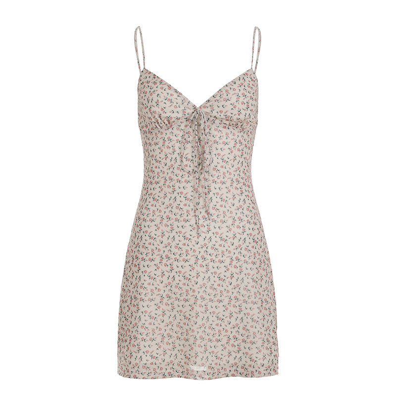 Sexy pure desire wind small floral V-neck suspender skirt summer light mesh backless lace-up low-rise short dress