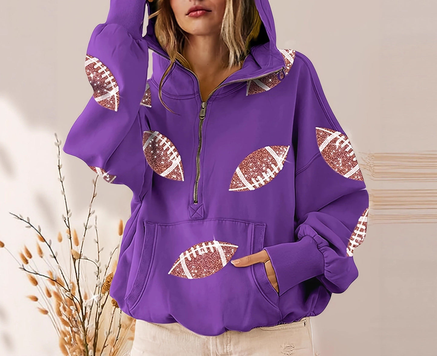 2025 Amazon Independent Station sequined splicing hooded sweater European and American women's clothing zipper drawstring long-sleeved top spot