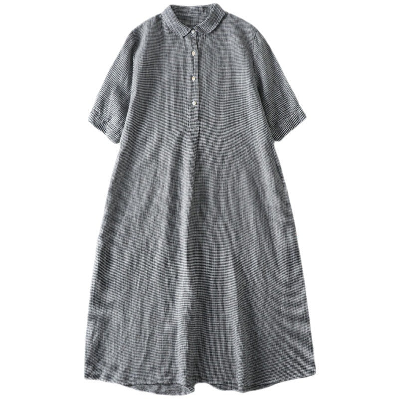 2024 summer new Japanese loose solid color cotton and linen plaid lapel short-sleeved dress women's medium and long #1925 #