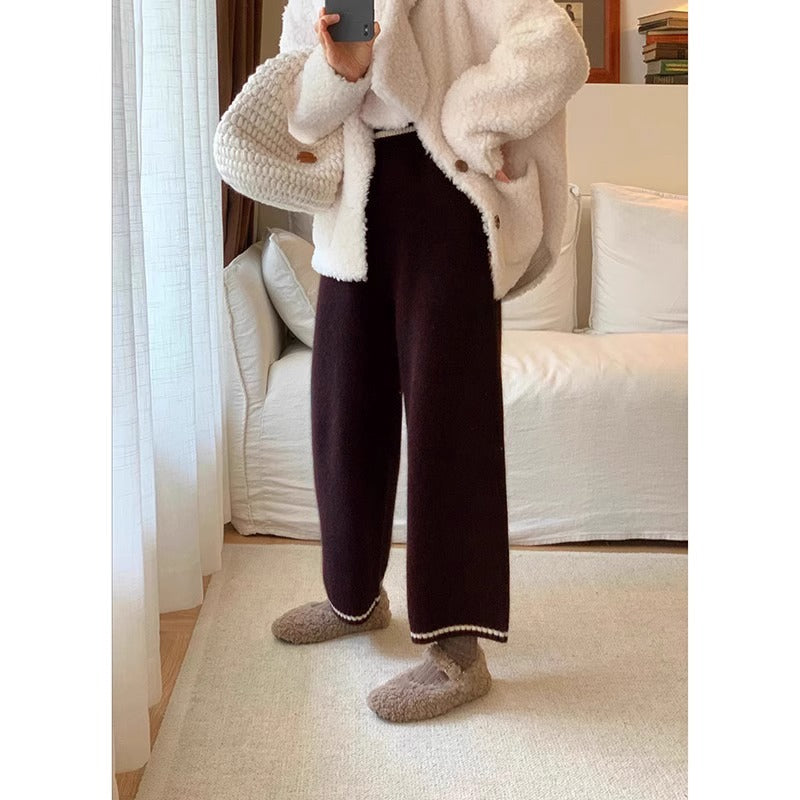 Wool knitted pants gray pants women's 2024 new autumn and winter small nine-point wide-leg pants grandma pants wool pants
