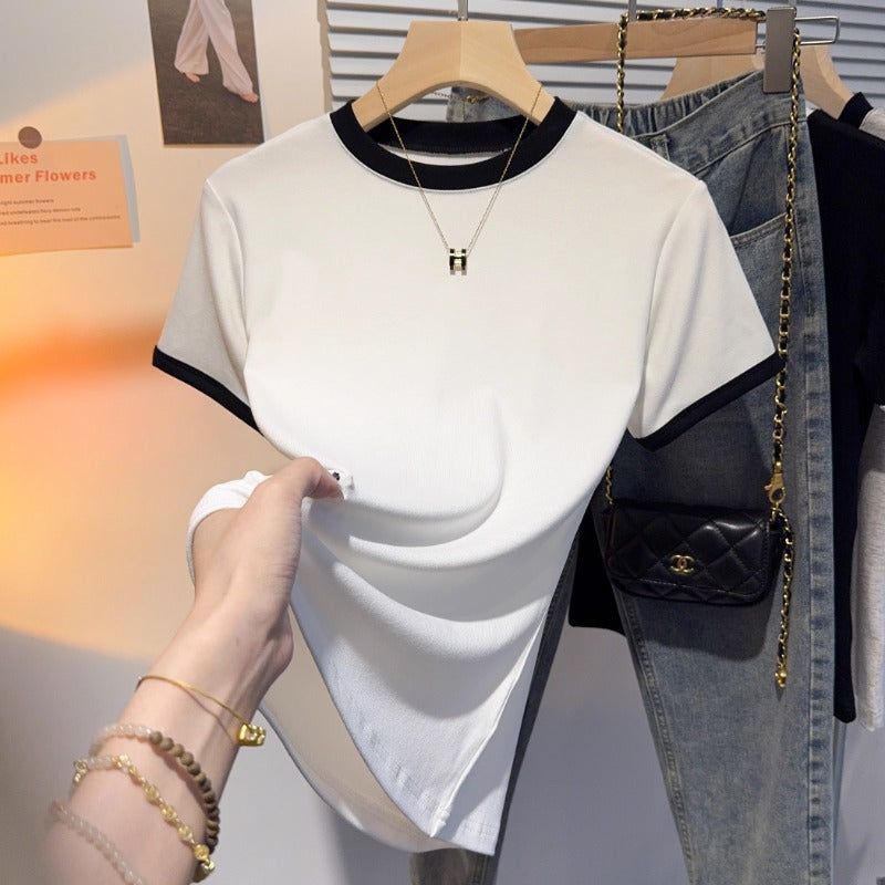 apricot versatile small stand-up collar short-sleeved T-shirt for women's 2025 summer new Korean tight and thin ice silk t-shirt