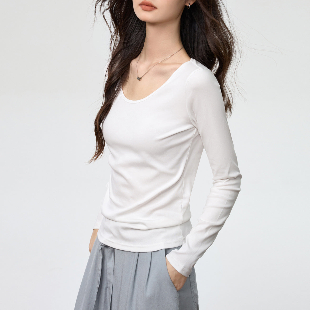 40 combed pure cotton, soft waxy and skin-friendly, round neck solid color simple slim and thin long-sleeved T-shirt women's bottoming shirt top