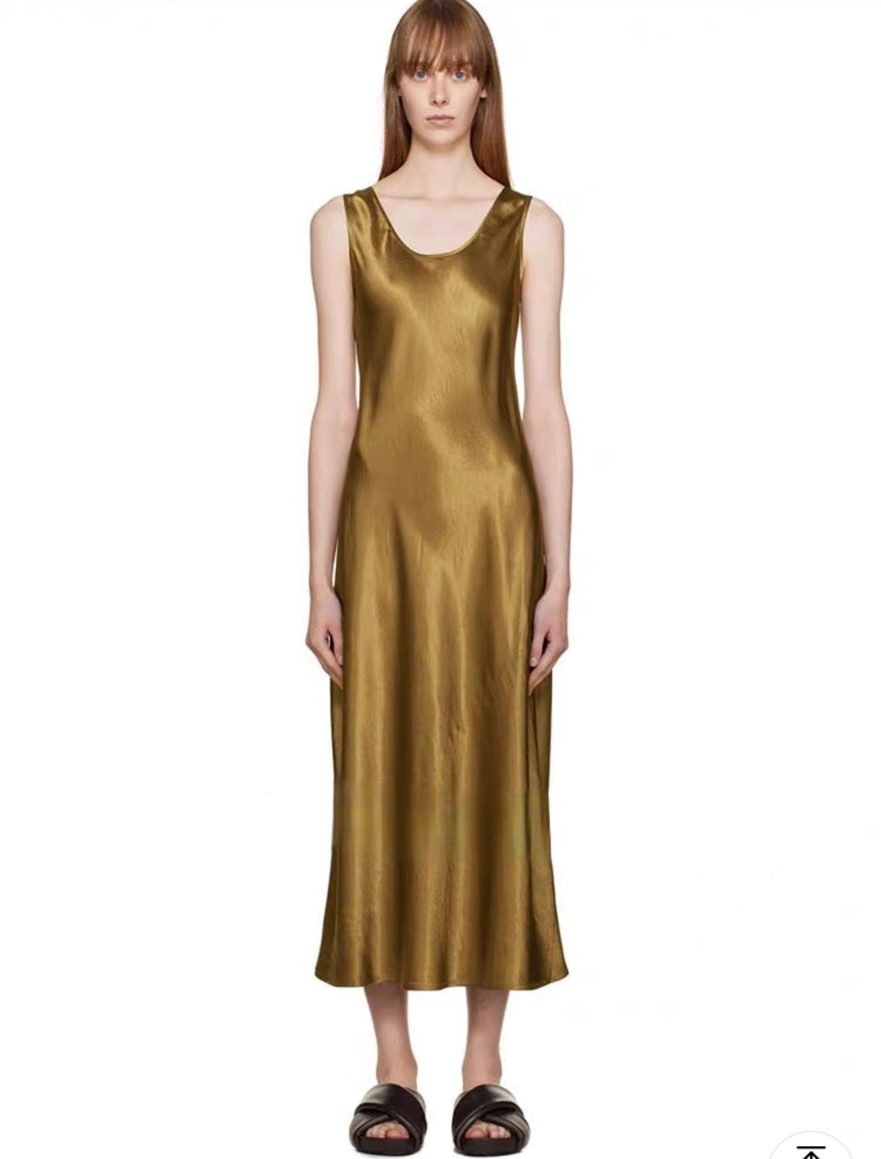 Oblique cut 100% acetic acid pleated silk A-word vest dress women's autumn small satin sleeveless vest long dress