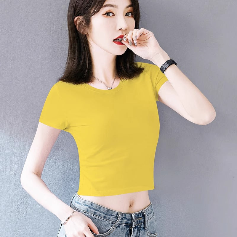 Skinny open-navel short-sleeved T-shirt for women in 2025, popular summer sweet and spicy style, high-waisted short models, popular beautiful tops this year