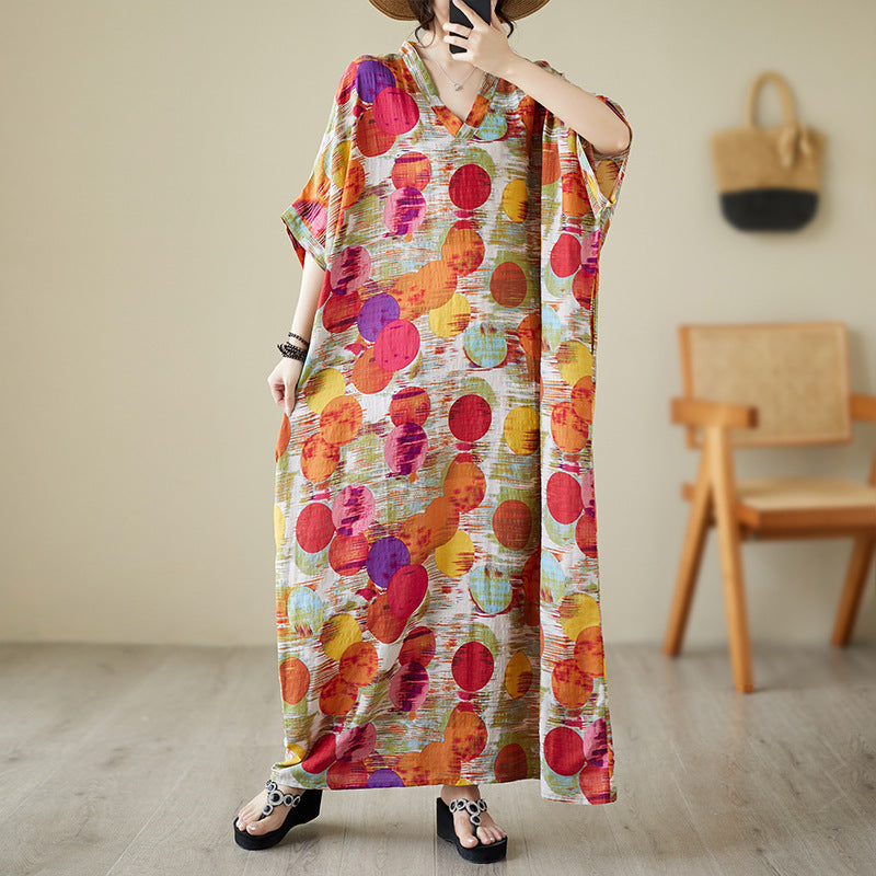 Real shot 2025 summer thin V-neck cotton and linen large size loose literary holiday wind beach dress long women