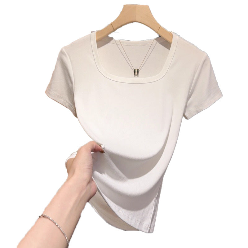 Gray square neck front shoulder short-sleeved T-shirt women's 2025 summer popular waist high-end solid color slim-fitting age-reducing short top
