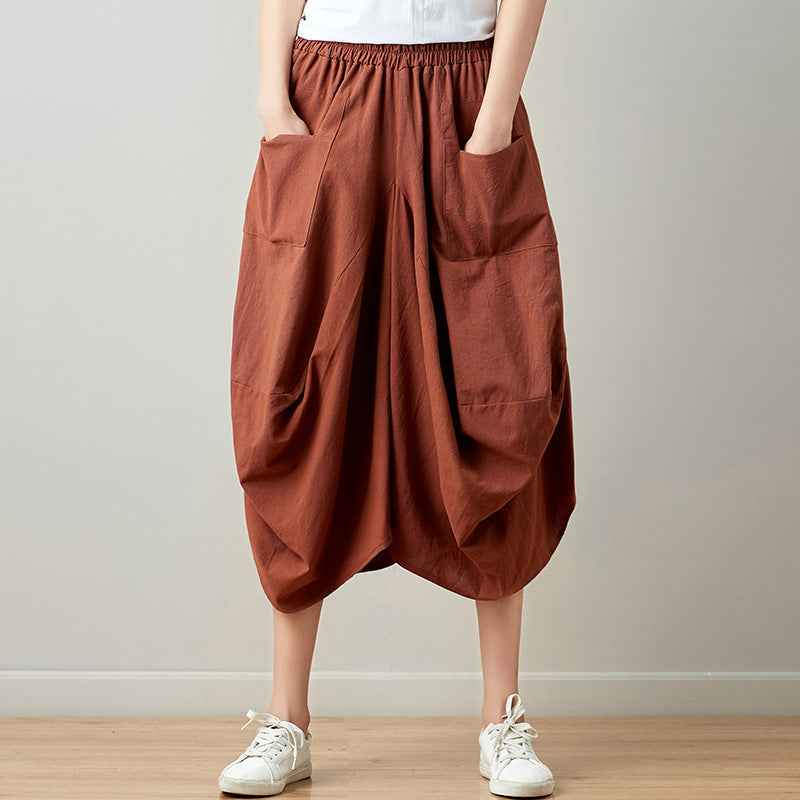 Real shot 2025 summer new literary loose solid color cotton and linen elastic waist skirt lantern skirt woman #1381 #