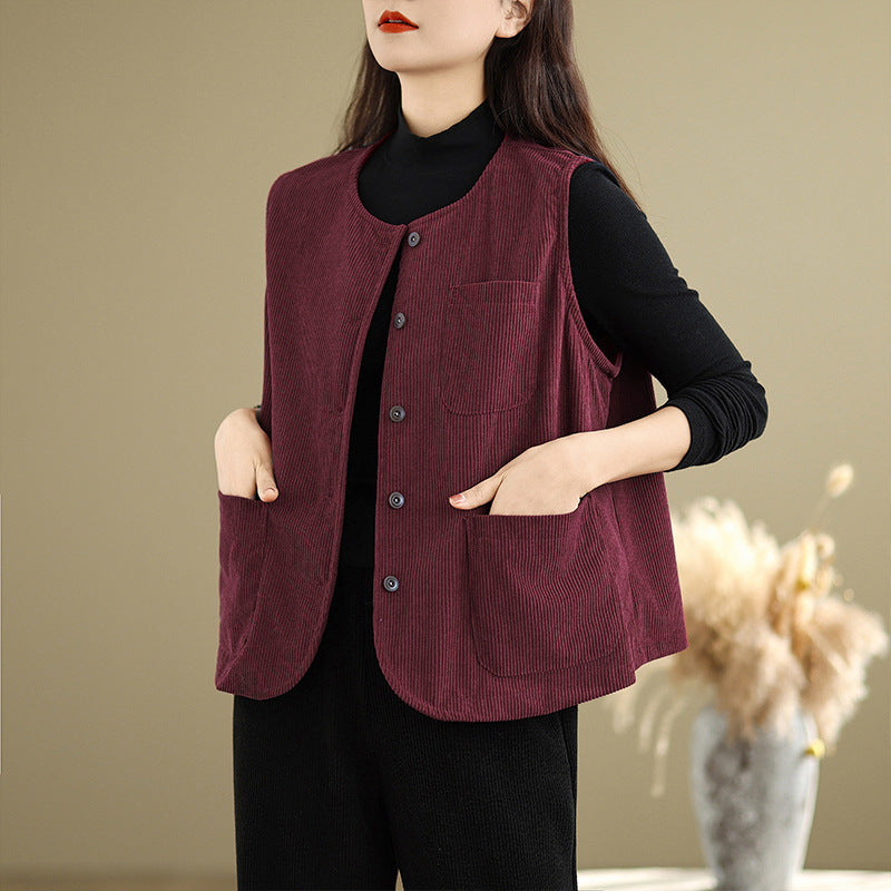 Real shot 2025 autumn new round neck vest vest vest retro commuter loose casual vest jacket women