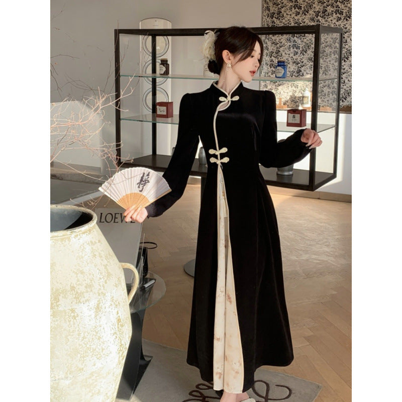 Spring and Autumn New Chinese Style Retro Improved Cheongsam Skirt Women's Large Size Fat Mm Skinny Long Sleeve High Waist Dress