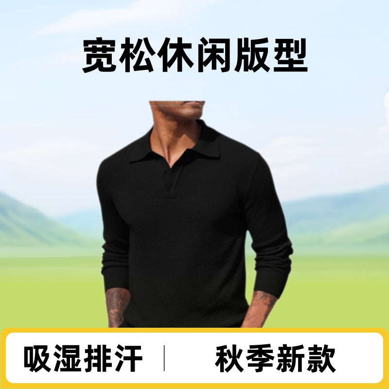 2025 autumn new Amazon popular cross-border casual men's top long-sleeved V-neck button-up POLO shirt