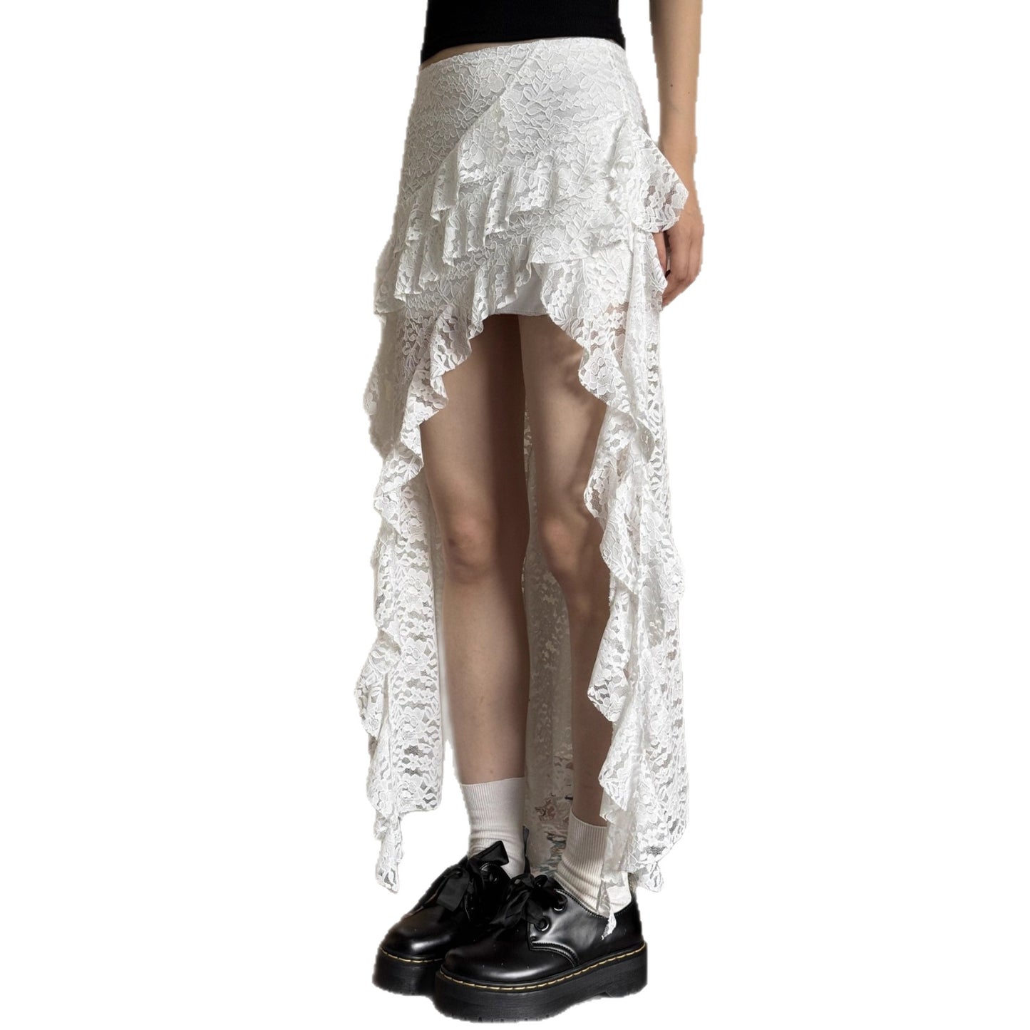 Lace streamer irregular skirt women's summer stacked ruffle edge hem skirt curtain diagonal edge solid color mesh skirt
