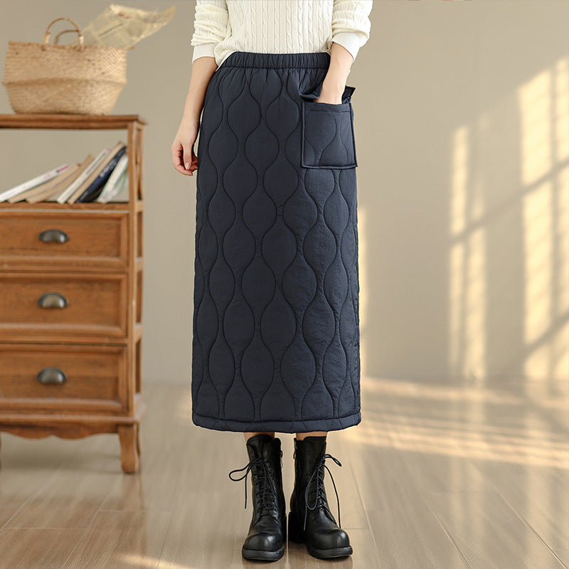 Down cotton skirt women's winter 2025 thickened warm medium and long cotton-padded hip skirt with split ends and one step straight