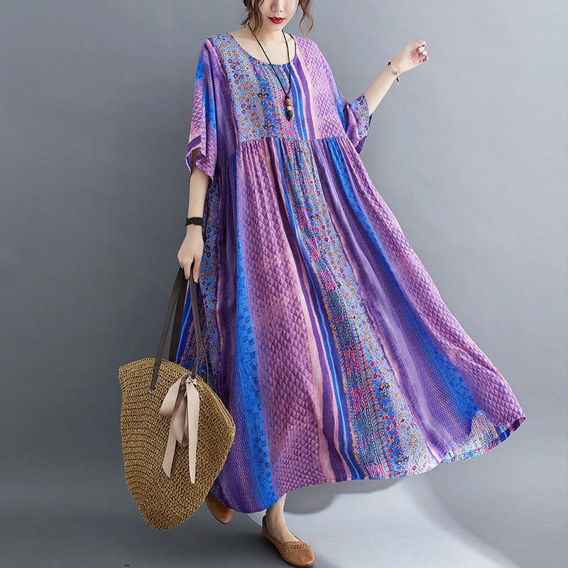Real shot 2025 summer new literary large size loose printing round neck short sleeve dress women's long dress #6788 #