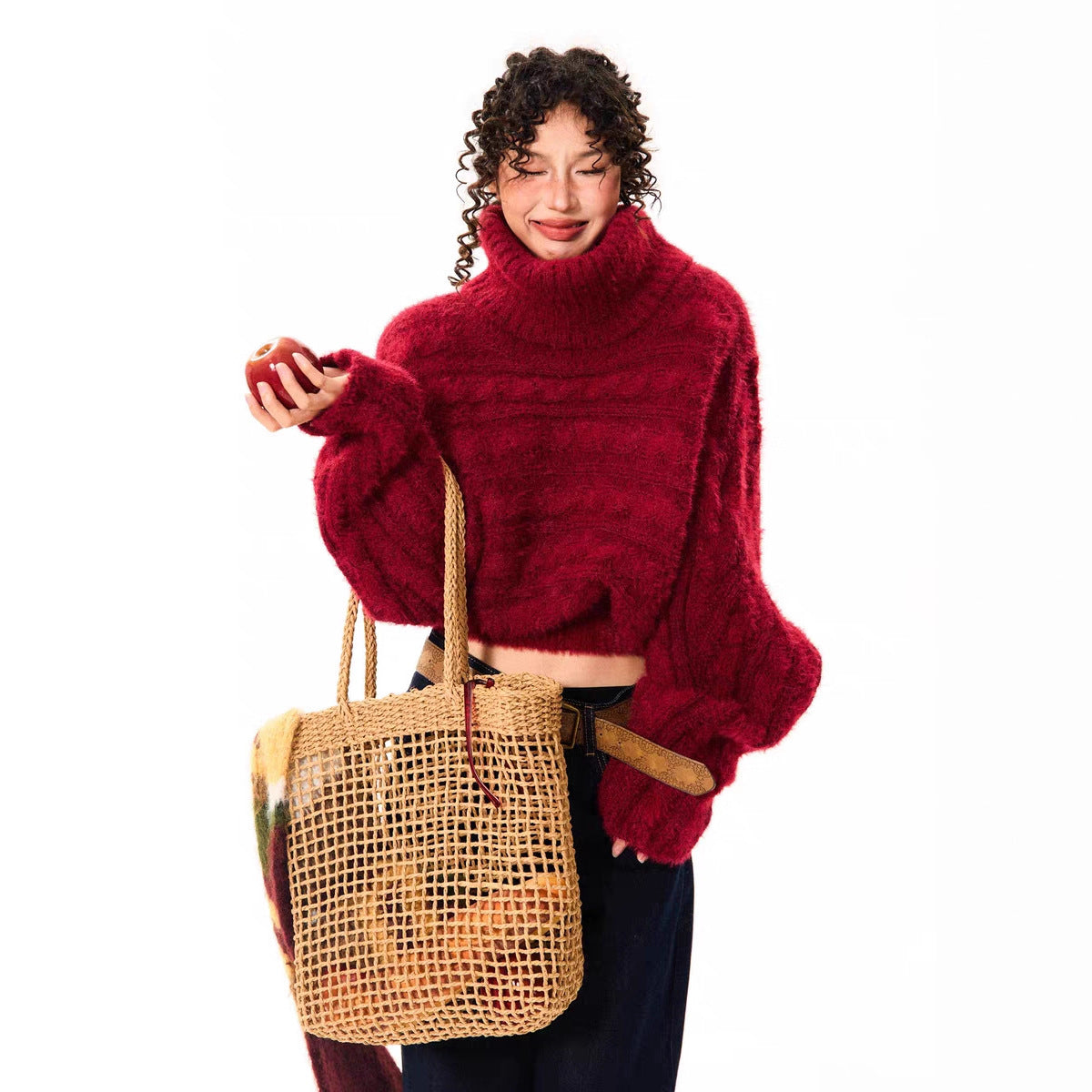 YOUNG Ankola Red Atmosphere Red Sweater Women's Winter Retro Spice Girl Short Shoulder Top