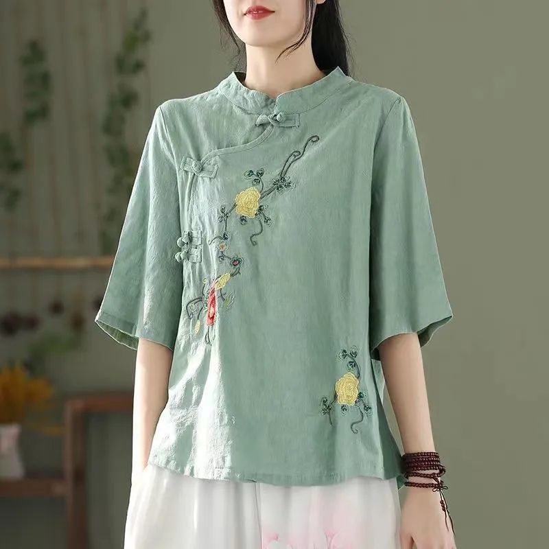Ethnic style large size stand-up collar diagonal placket embroidered retro buckle solid color pullover medium sleeve cotton and linen short top women's summer wear