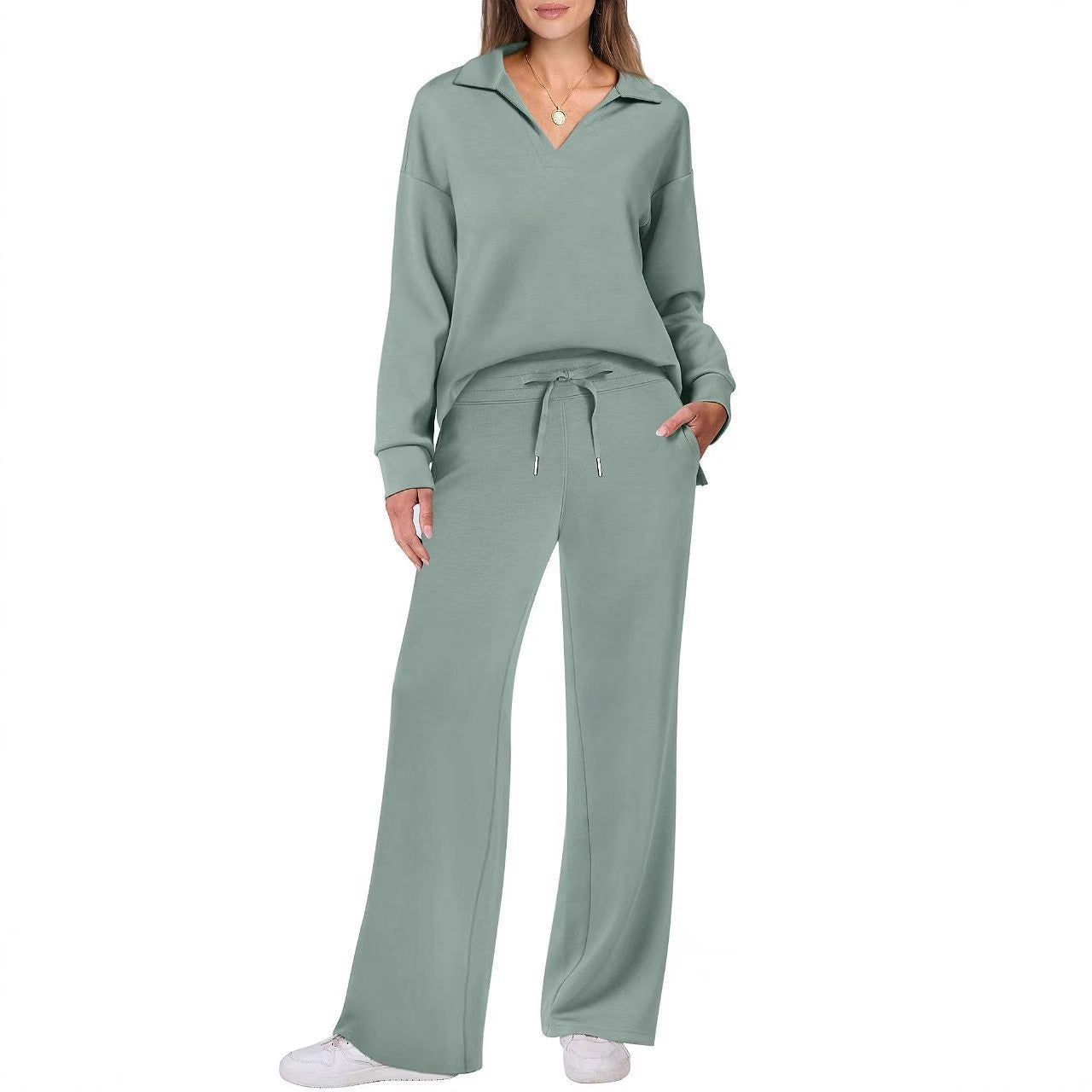 2025 autumn and winter Amazon, cross-border European and American new women's long-sleeved V-neck two-piece set drawstring solid color casual set