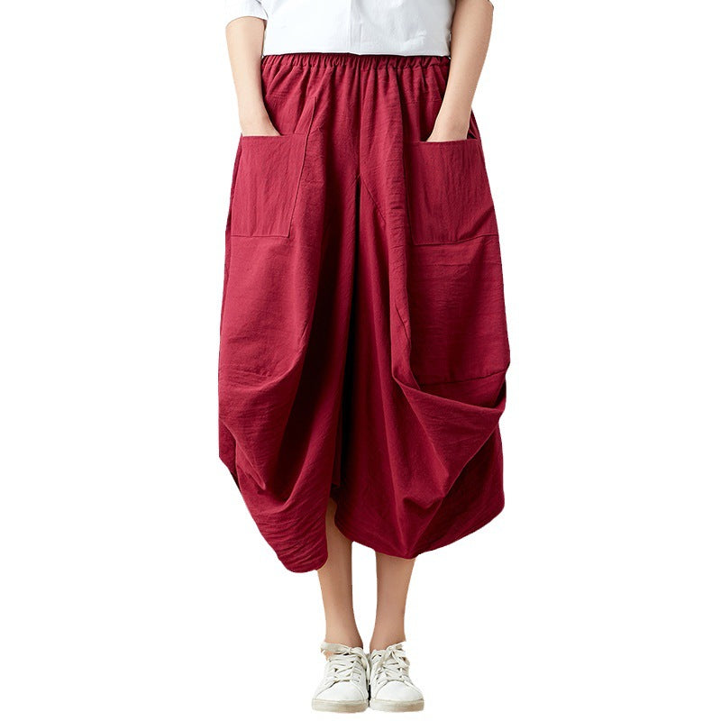 Real shot 2025 summer new literary loose solid color cotton and linen elastic waist skirt lantern skirt woman #1381 #